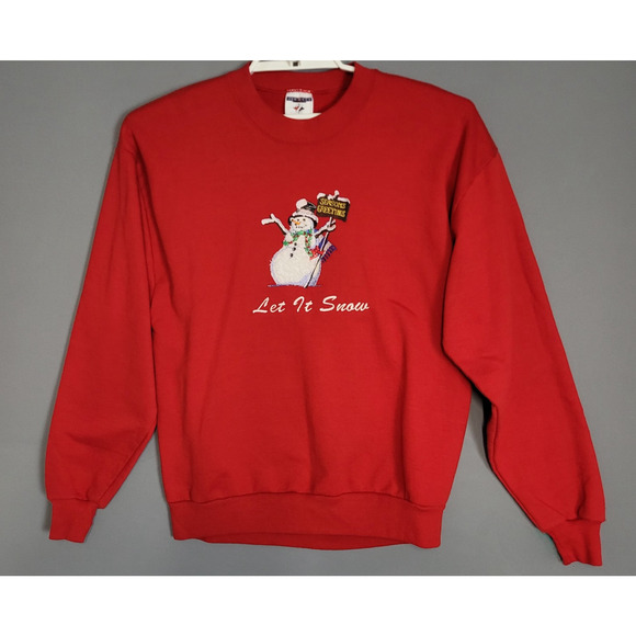 Vintage Jerzees Snowman Sweatshirt Top Womens L Red Applique Embroidered Holiday - Picture 1 of 12